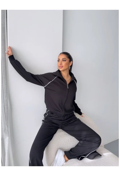 Modal Kumaş Şerit Detaylı Takım Siyah