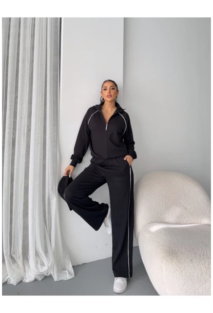 Modal Kumaş Şerit Detaylı Takım Siyah