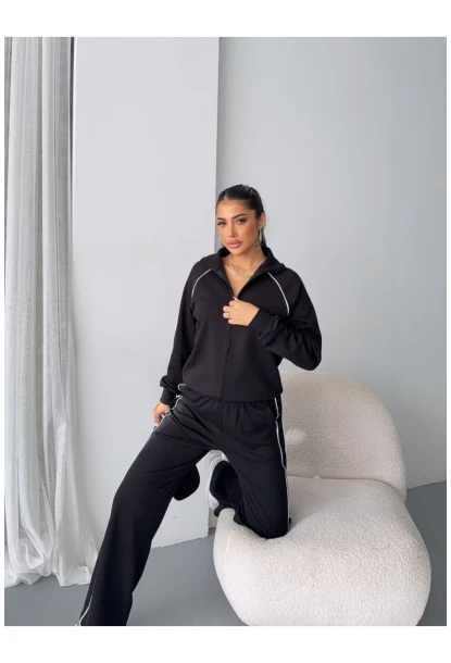 Modal Kumaş Şerit Detaylı Takım Siyah