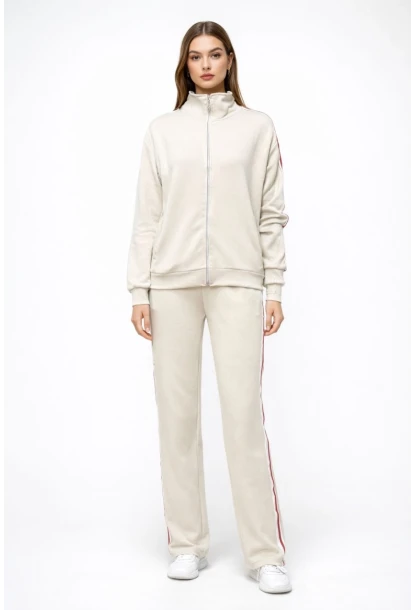 Modal Kumaş Tam Fermuarlı Şeritli Eşofman Takımı Bej