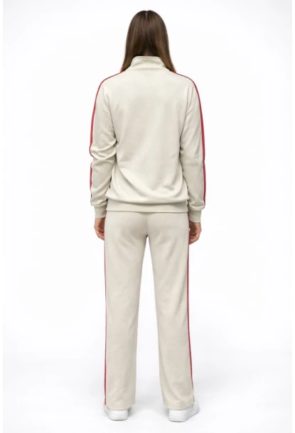 Modal Kumaş Tam Fermuarlı Şeritli Eşofman Takımı Bej