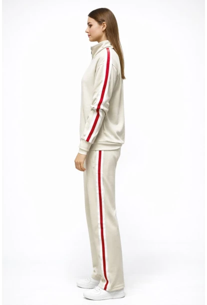 Modal Kumaş Tam Fermuarlı Şeritli Eşofman Takımı Bej