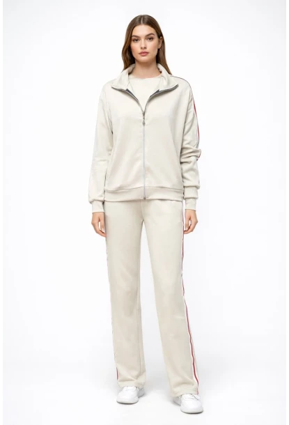 Modal Kumaş Tam Fermuarlı Şeritli Eşofman Takımı Bej