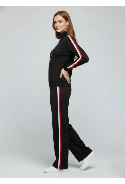 Modal Kumaş Tam Fermuarlı Şeritli Eşofman Takımı Siyah