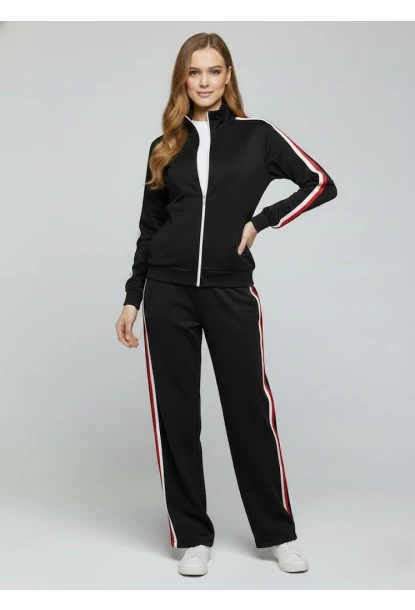 Modal Kumaş Tam Fermuarlı Şeritli Eşofman Takımı Siyah