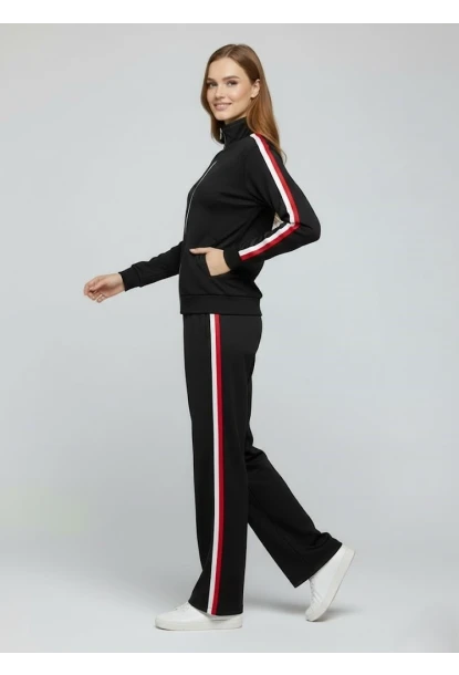 Modal Kumaş Tam Fermuarlı Şeritli Eşofman Takımı Siyah