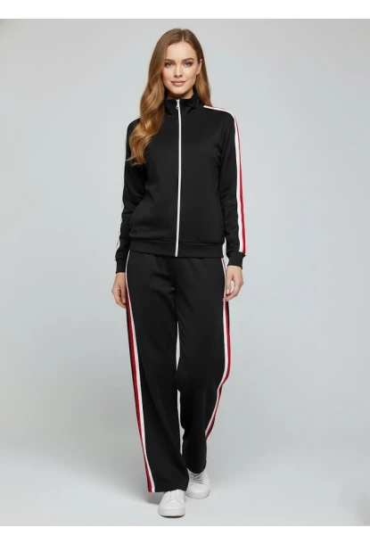 Modal Kumaş Tam Fermuarlı Şeritli Eşofman Takımı Siyah