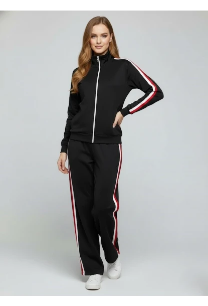 Modal Kumaş Tam Fermuarlı Şeritli Eşofman Takımı Siyah