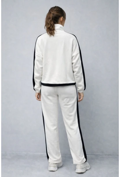 Modal Kumaş Yarım Fermuarlı Şeritli Eşofman Takımı Beyaz