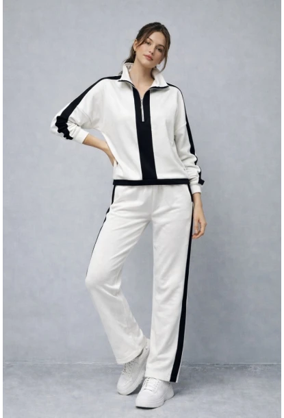 Modal Kumaş Yarım Fermuarlı Şeritli Eşofman Takımı Beyaz