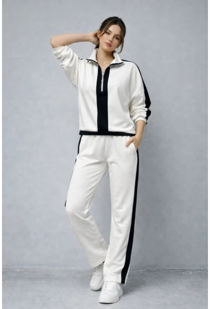 Modal Kumaş Yarım Fermuarlı Şeritli Eşofman Takımı Beyaz