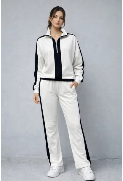 Modal Kumaş Yarım Fermuarlı Şeritli Eşofman Takımı Beyaz