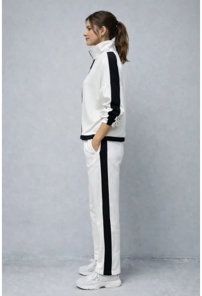 Modal Kumaş Yarım Fermuarlı Şeritli Eşofman Takımı Beyaz