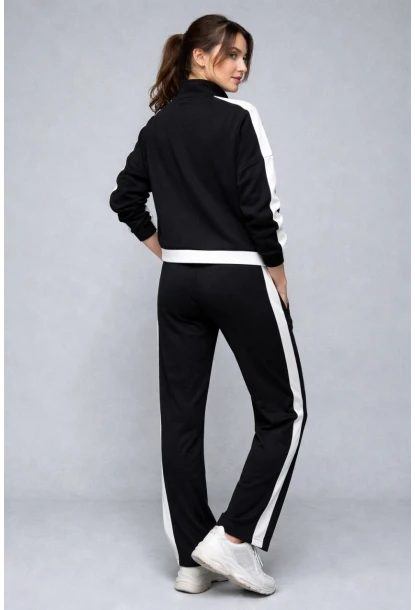 Modal Kumaş Yarım Fermuarlı Şeritli Eşofman Takımı Siyah