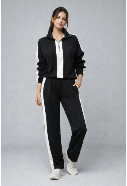Modal Kumaş Yarım Fermuarlı Şeritli Eşofman Takımı Siyah