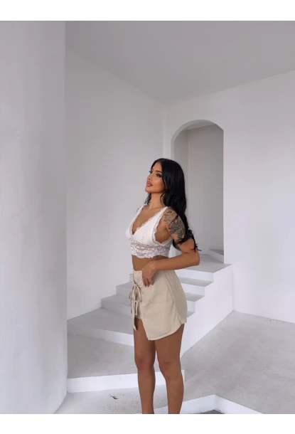 Müslin Keten Bağlama Detay Şort Bej