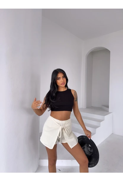 Müslin Keten Bağlama Detay Şort Ekru