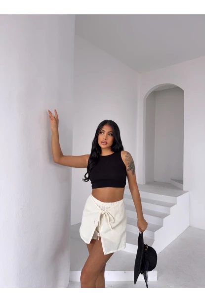 Müslin Keten Bağlama Detay Şort Ekru