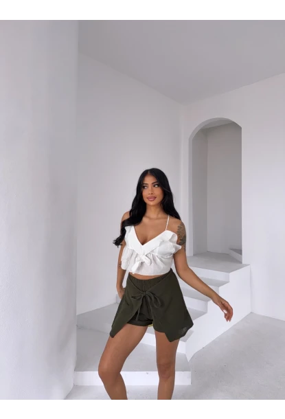 Müslin Keten Bağlama Detay Şort Haki