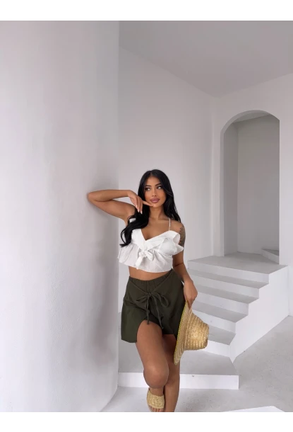 Müslin Keten Bağlama Detay Şort Haki