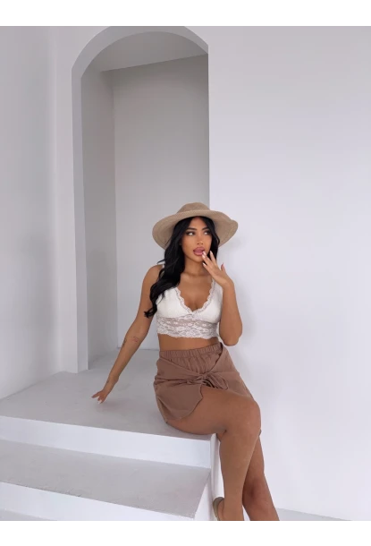 Müslin Keten Bağlama Detay Şort Vizon