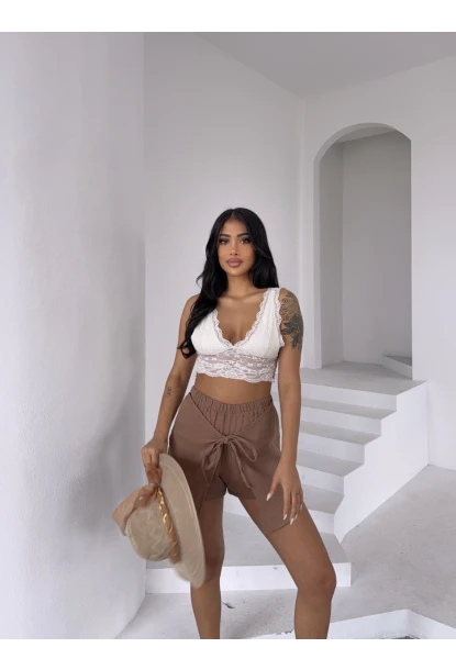 Müslin Keten Bağlama Detay Şort Vizon