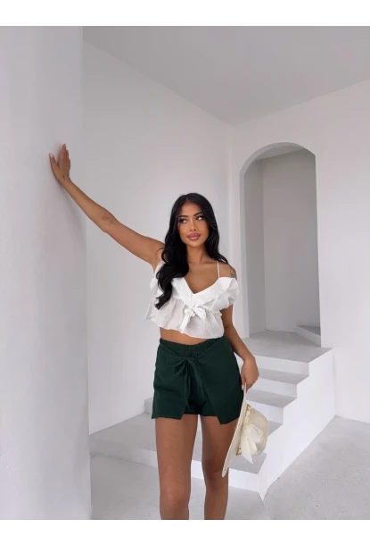 Müslin Keten Bağlama Detay Şort Zümrüt