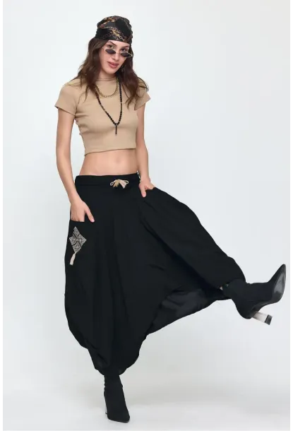 Nakış Detaylı Bağcıklı Cepli Şalvar Etek