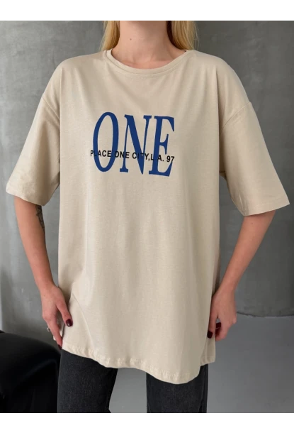 ONE Yazı Baskılı Oversize Kadın Tişört Bej