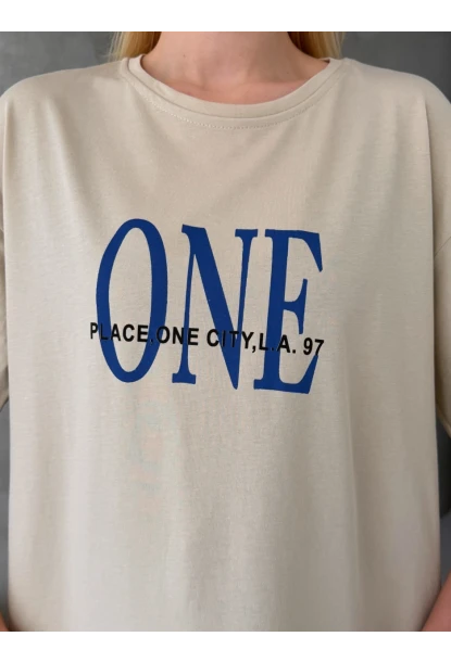 ONE Yazı Baskılı Oversize Kadın Tişört Bej