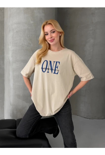 ONE Yazı Baskılı Oversize Kadın Tişört Bej