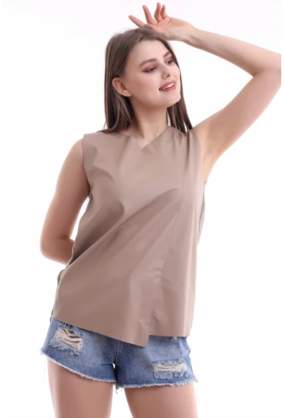 Önü Deri Arkası Triko Kolsuz Bluz Vizon