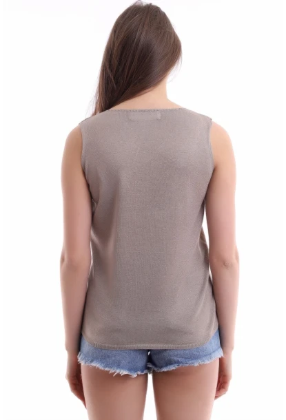 Önü Deri Arkası Triko Kolsuz Bluz Vizon