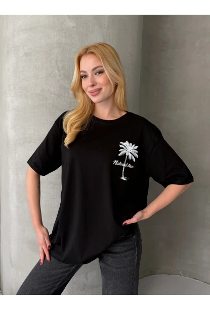 Palmiye Baskılı Sırt Baskı Detay Oversize Kadın Tişört – Siyah