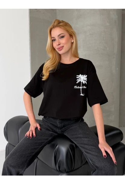 Palmiye Baskılı Sırt Baskı Detay Oversize Kadın Tişört – Siyah