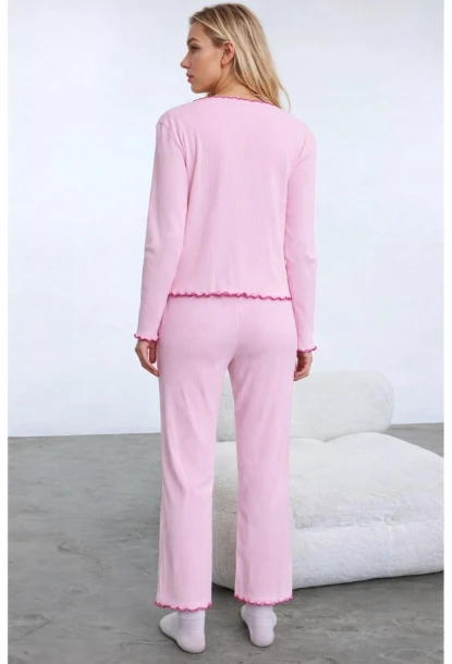 Pamuklu Dantel ve Fiyonk Detaylı Fitilli Örme Pijama Takımı