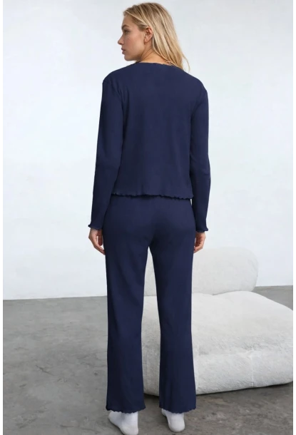 Pamuklu Dantel ve Fiyonk Detaylı Fitilli Örme Pijama Takımı