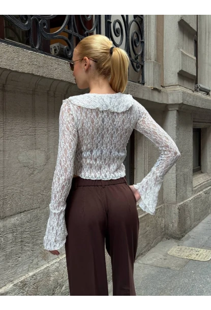 Pervazlı Dantel Kumaş Beyaz Bluz