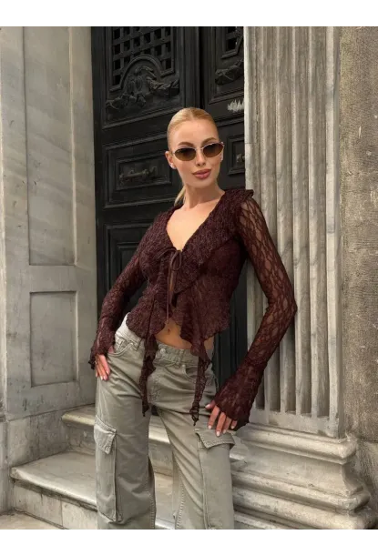 Pervazlı Dantel Kumaş Kahve Bluz