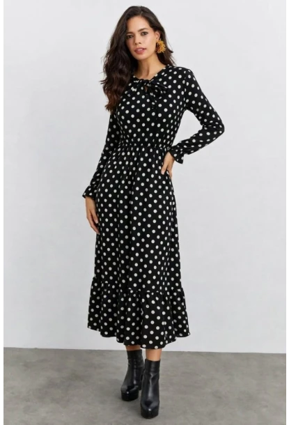 Puantiye Desenli Bağlama Detaylı Uzun Kol Midi Elbise – Siyah