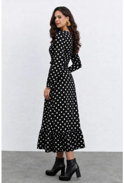 Puantiye Desenli Bağlama Detaylı Uzun Kol Midi Elbise – Siyah