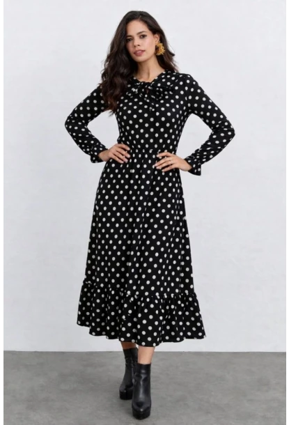 Puantiye Desenli Bağlama Detaylı Uzun Kol Midi Elbise – Siyah