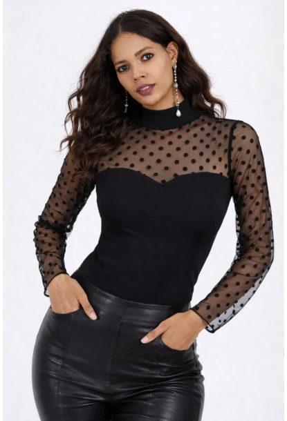 Puantiye Tül Detaylı Yarım Balıkçı Yaka Siyah Bluz