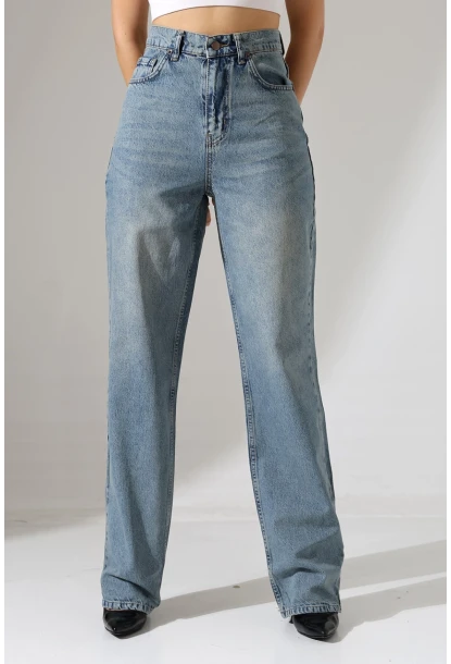 Rahat Kalıp Yüksek Bel Düz Paça Kot Pantolon