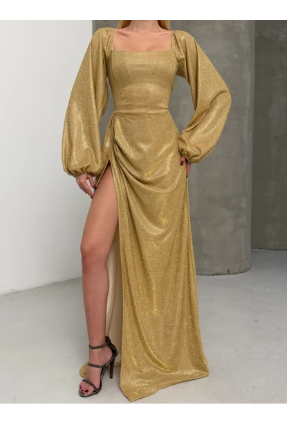 Simli Kumaş Sırt Detay Yırtmaçlı Maxi Boy Elbise Sarı