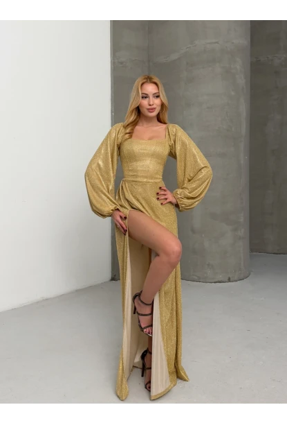 Simli Kumaş Sırt Detay Yırtmaçlı Maxi Boy Elbise Sarı