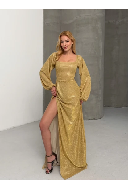 Simli Kumaş Sırt Detay Yırtmaçlı Maxi Boy Elbise Sarı