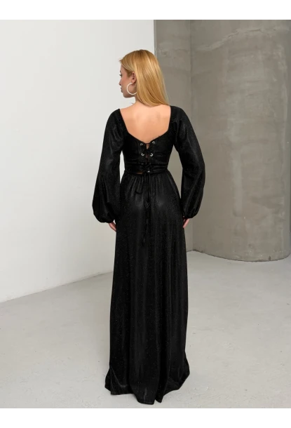 Simli Kumaş Sırt Detay Yırtmaçlı Maxi Boy Elbise Siyah