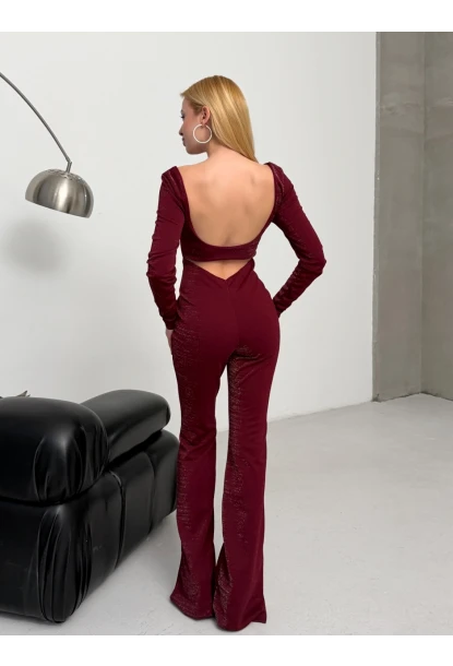 Simli Scuba Kumaş Sırt Detay Tulum Bordo