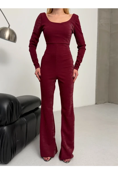 Simli Scuba Kumaş Sırt Detay Tulum Bordo